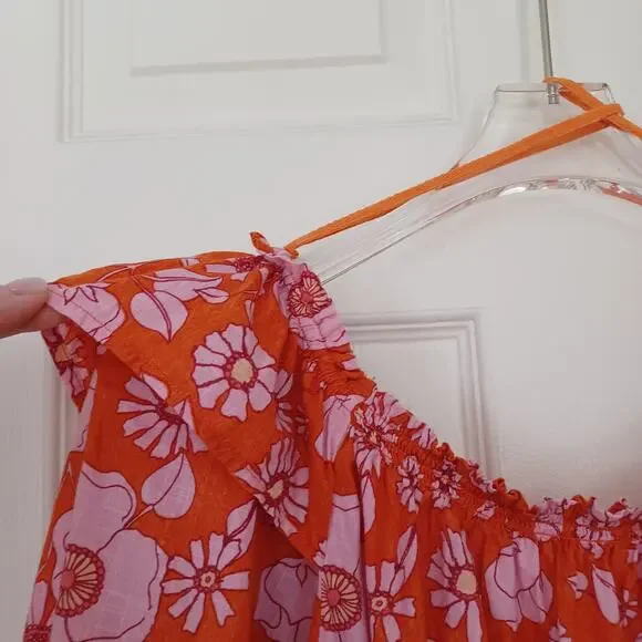 Free People Orange Pink Floral Off Shoulder Peasant Top L EC - Picture 7 of 10